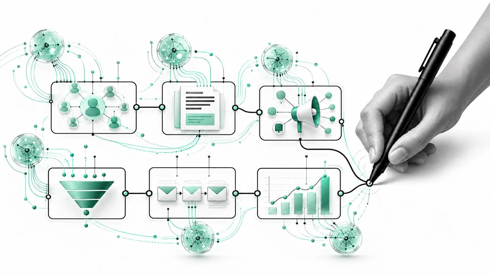 A hand drawing the connections between marketing steps such as audience, content, promotion, lead funnel, email and results, showing a person directing an AI-assisted marketing workflow