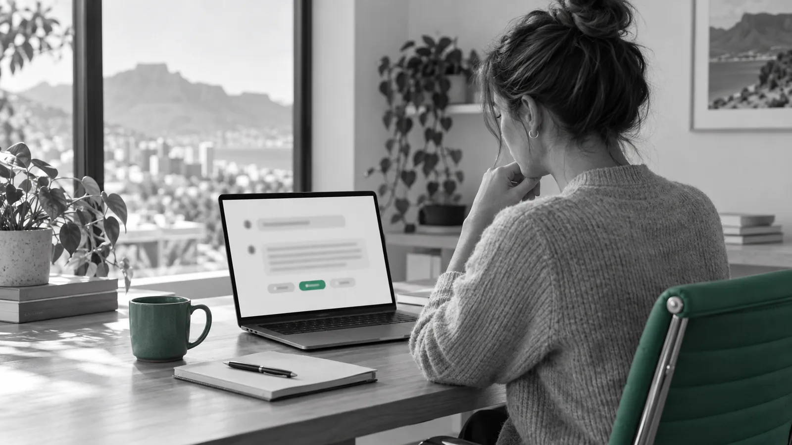 A woman at her desk in a Cape Town home office, reading an AI answer on her laptop with one cited source highlighted in seafoam green