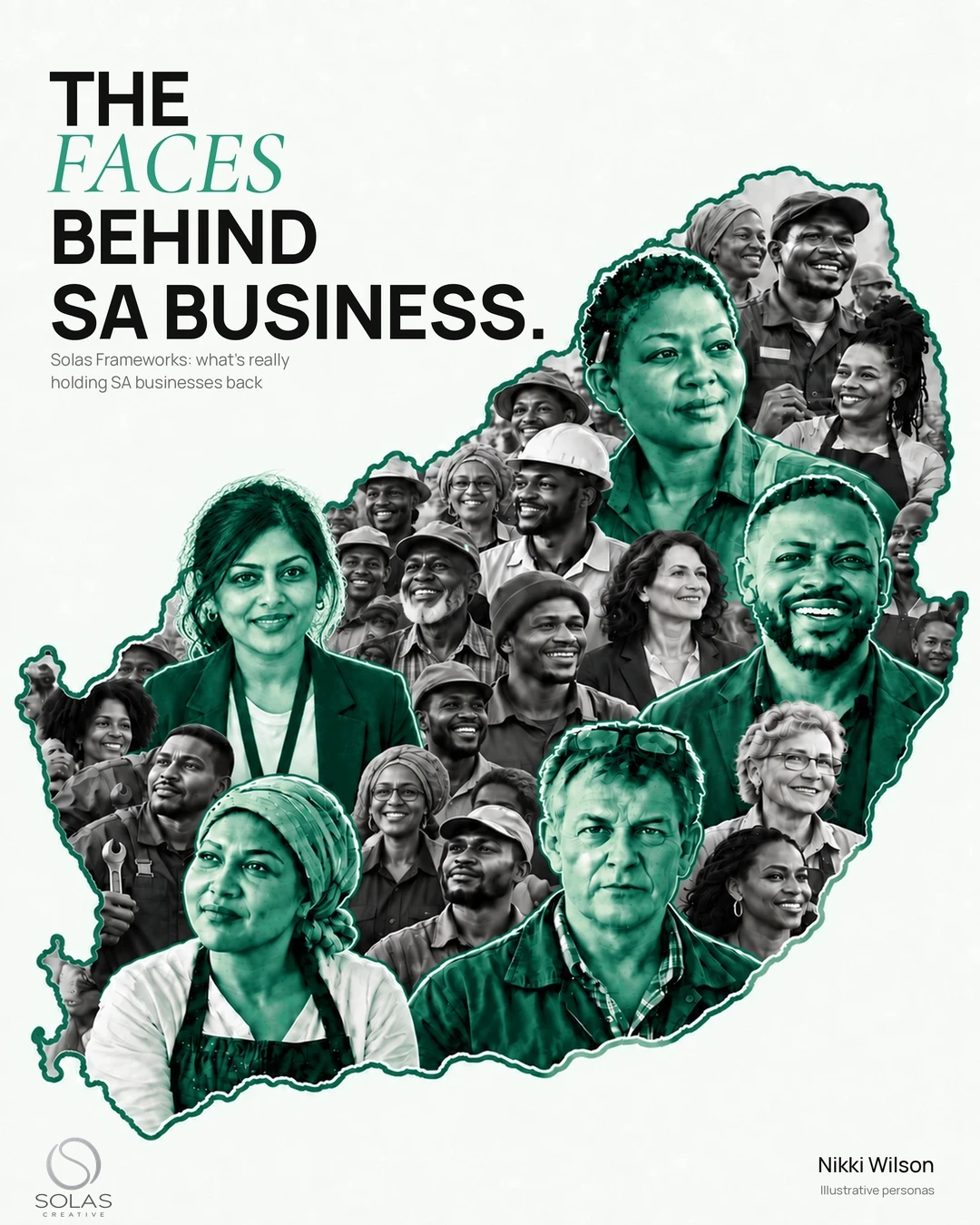 The faces behind SA business campaign poster: five illustrative South African business owners, Thandi, Pieter, Aisha, Samuel and Nerisha