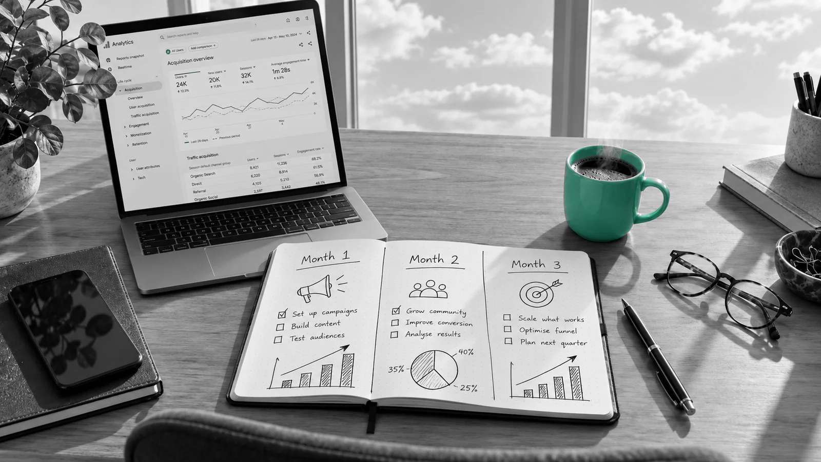 A notebook showing a hand-drawn 90-day marketing plan for months one to three, next to a laptop with website analytics and a seafoam green coffee mug