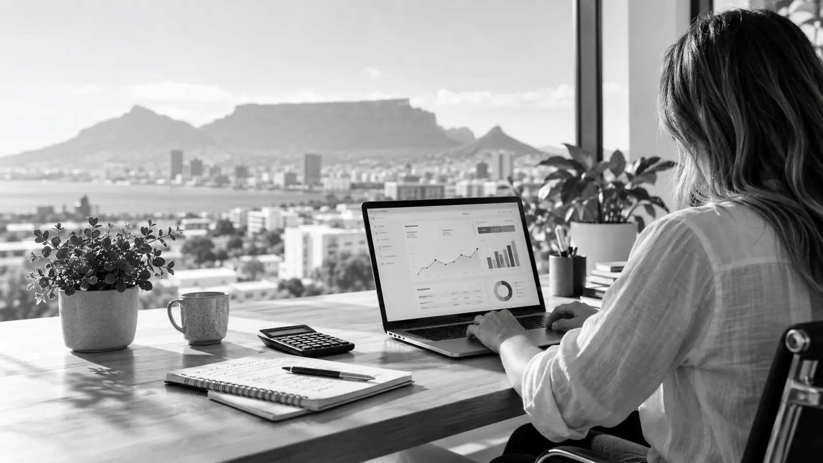 A business owner at a desk reviewing campaign results on a laptop, with a calculator and notebook, overlooking Table Mountain and Cape Town